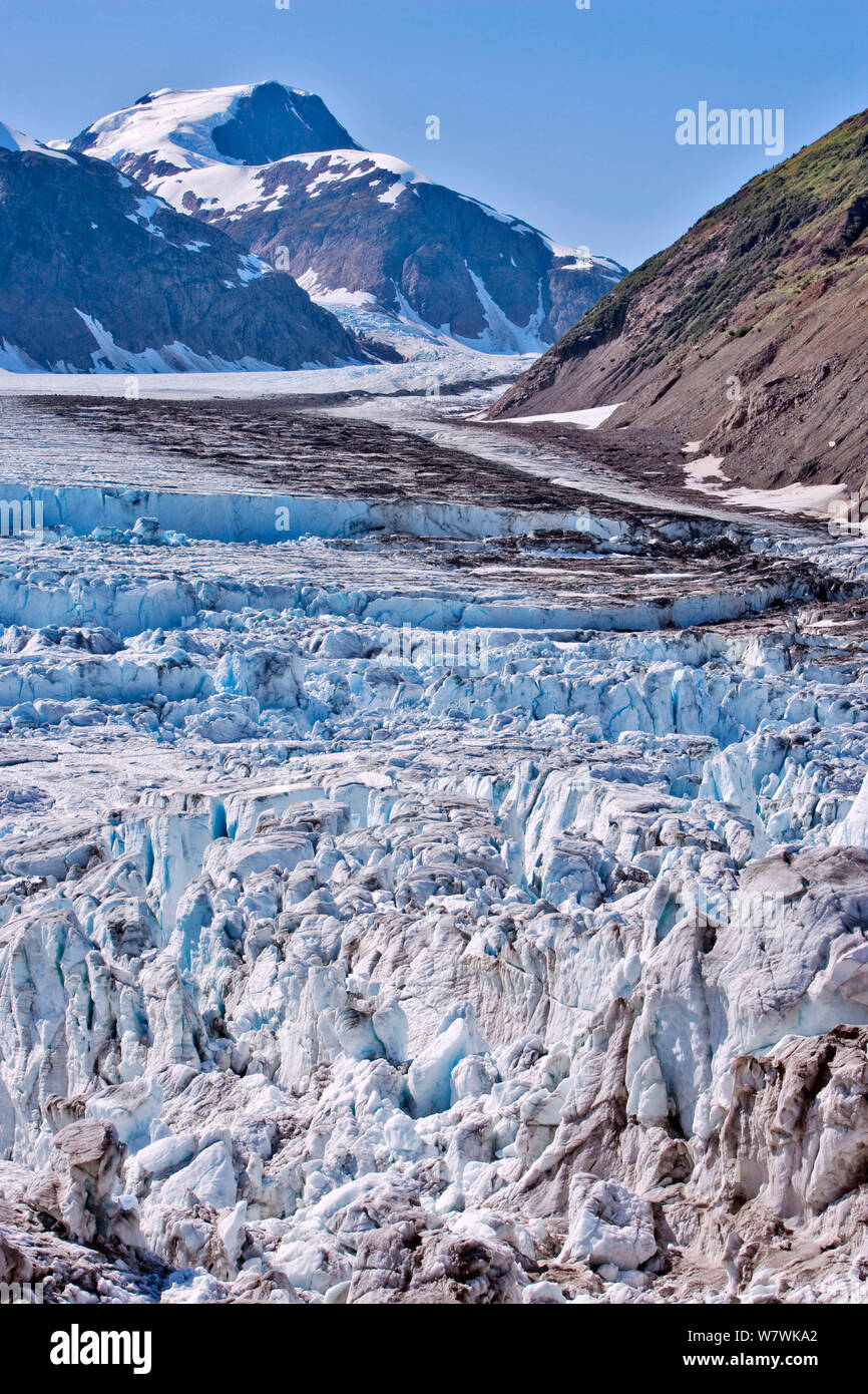 Blick auf einen Arm des Lachs-Gletschers, den fünftgrößten nicht-polaren Gletscher der Welt, mit Eisbruch im Sommer, British Columbia, Kanada, Stockfoto