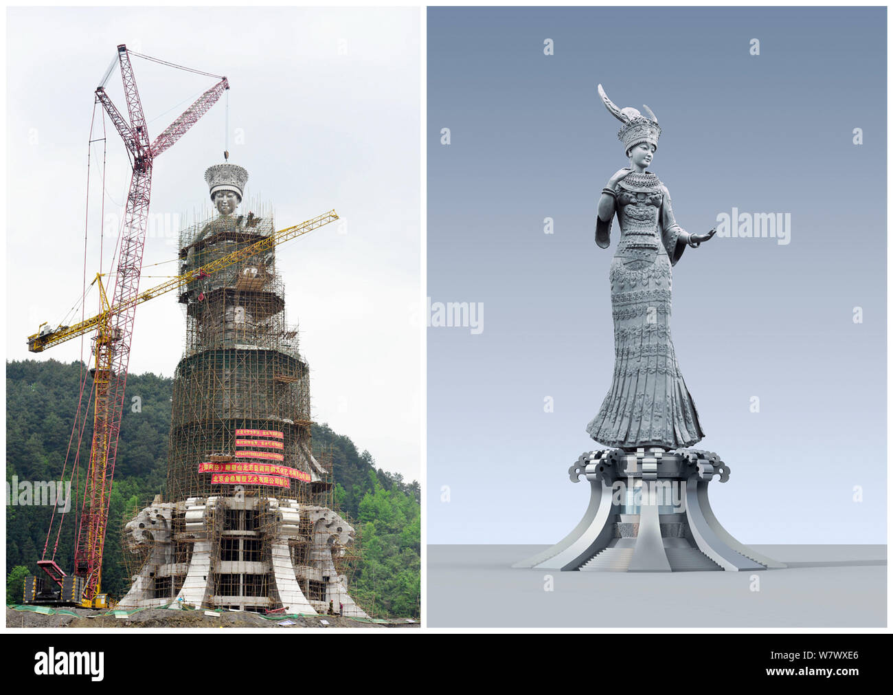Dieser zusammengesetzte Foto zeigt die Baustelle und eines Künstlers redition eines riesigen Statue von Yang" Asha, die Göttin der Schönheit der Miao ethnischer gro Stockfoto