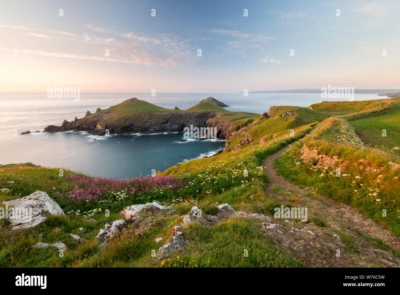 Twin Landspitze, die sterze, im späten Abendlicht, Pentire Point, in der nähe Polzeath, Cornwall, UK. Juni 2014. Stockfoto