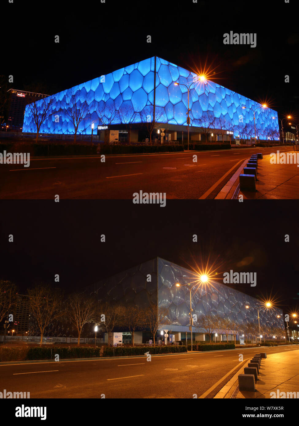 Dieser zusammengesetzte Foto zeigt das National Aquatics Center, auch als das Wasser Cube bekannt, bevor (oben) und während der Earth Hour Kampagne in Peking, C Stockfoto