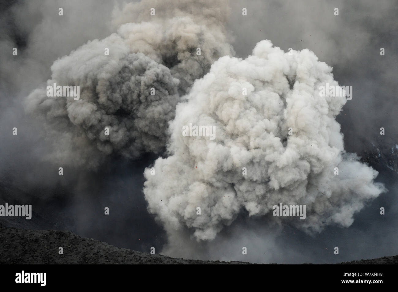 Aschewolke aus Vulkan Yasur, Insel Tanna, Vanuatu, September 2008. Stockfoto