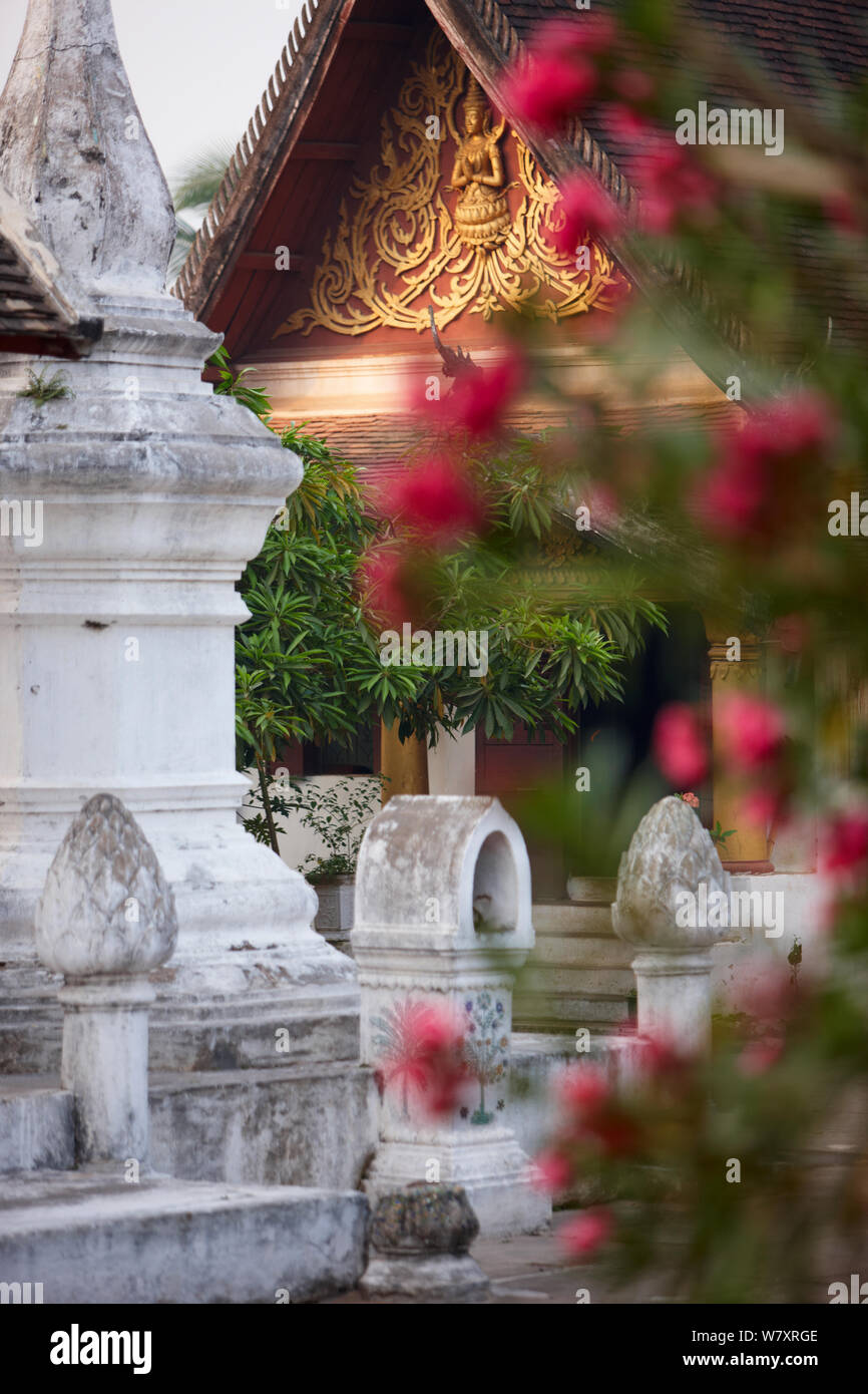 Wat Khili Tempel, mit Blumen im Vordergrund, Luang Prabang, Laos, März 2009. Stockfoto