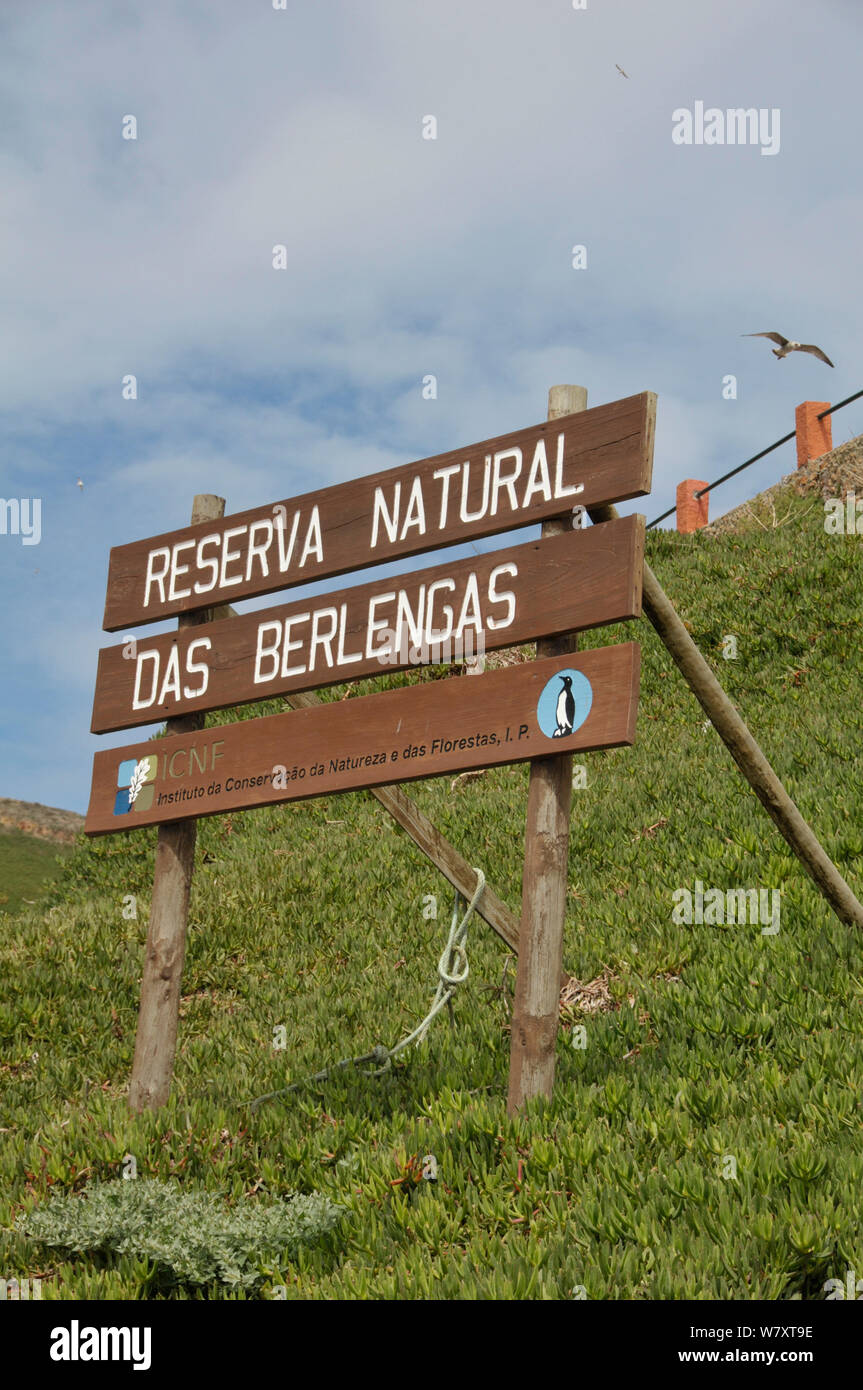 Naturschutzgebiet unterzeichnen, Berlengas Inseln (Ilha Berlenga), in der Nähe von Peniche, Extremadura, Portugal, September. Stockfoto