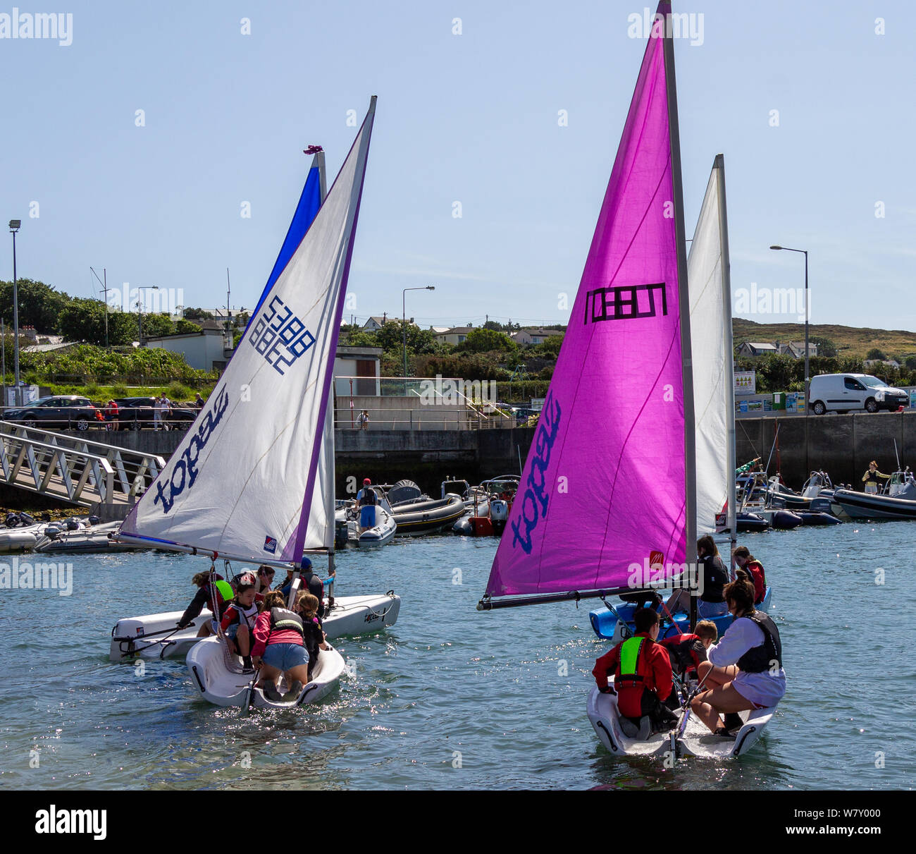 Baltimore, Irland, 7. August 2019 Unter strahlendem Sonnenschein mit Temperaturen bis zu 22 Grad der Baltimore Sailing Club hielt einen seiner segeln Kurse heute für Kinder von gemischten Alters und Fähigkeit. Das Topaz Klasse Jolle bildet eine große lernen Boot und in diesem Fall über 70 Kinder waren auf dem Kurs heute. Im Juli hielten sie die bisher größte Irish Sailing Club Kurs mit 120 Kindern. Kredit aphperspective/Alamy leben Nachrichten Stockfoto
