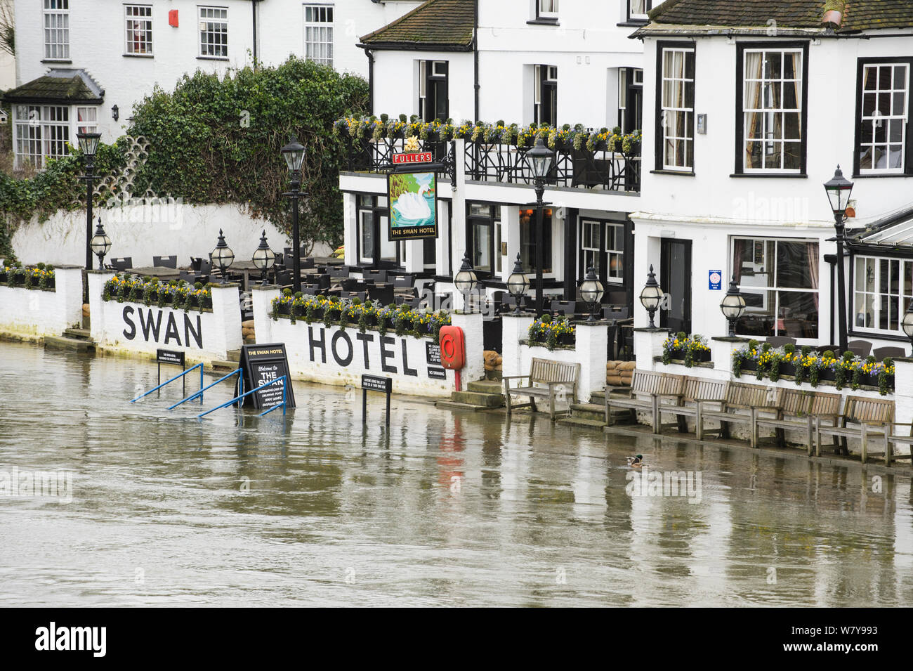Floodwater von Themse außerhalb Hotel, Staines, Surrey, Großbritannien, Februar 2014. Stockfoto