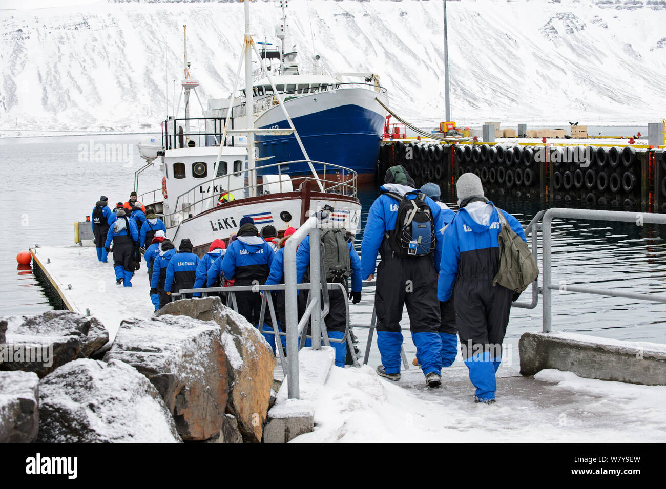 Touristen boarding kommerzielle whale-watching Boot, Grundarfjordur, Island, März 2014. Stockfoto