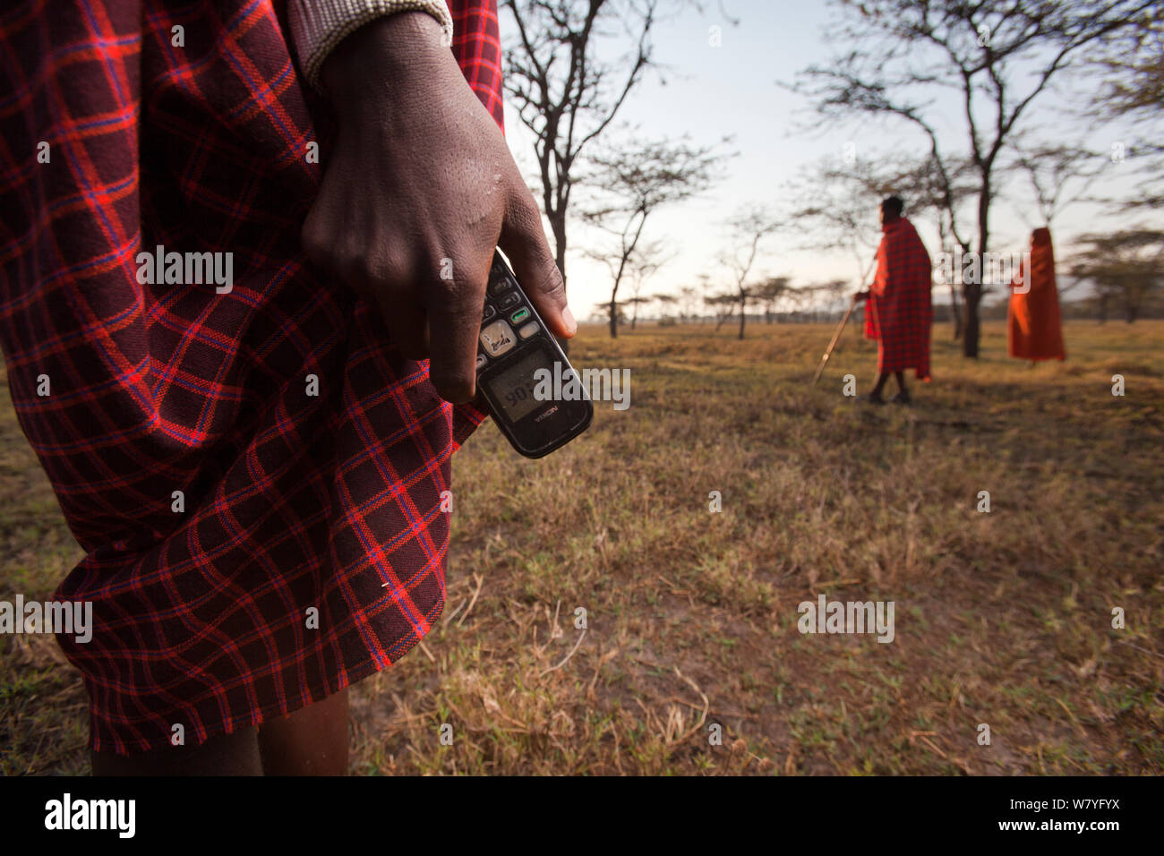 Handy in der Hand der Masai Mann, Mara Region, Kenia, September 2013. Stockfoto