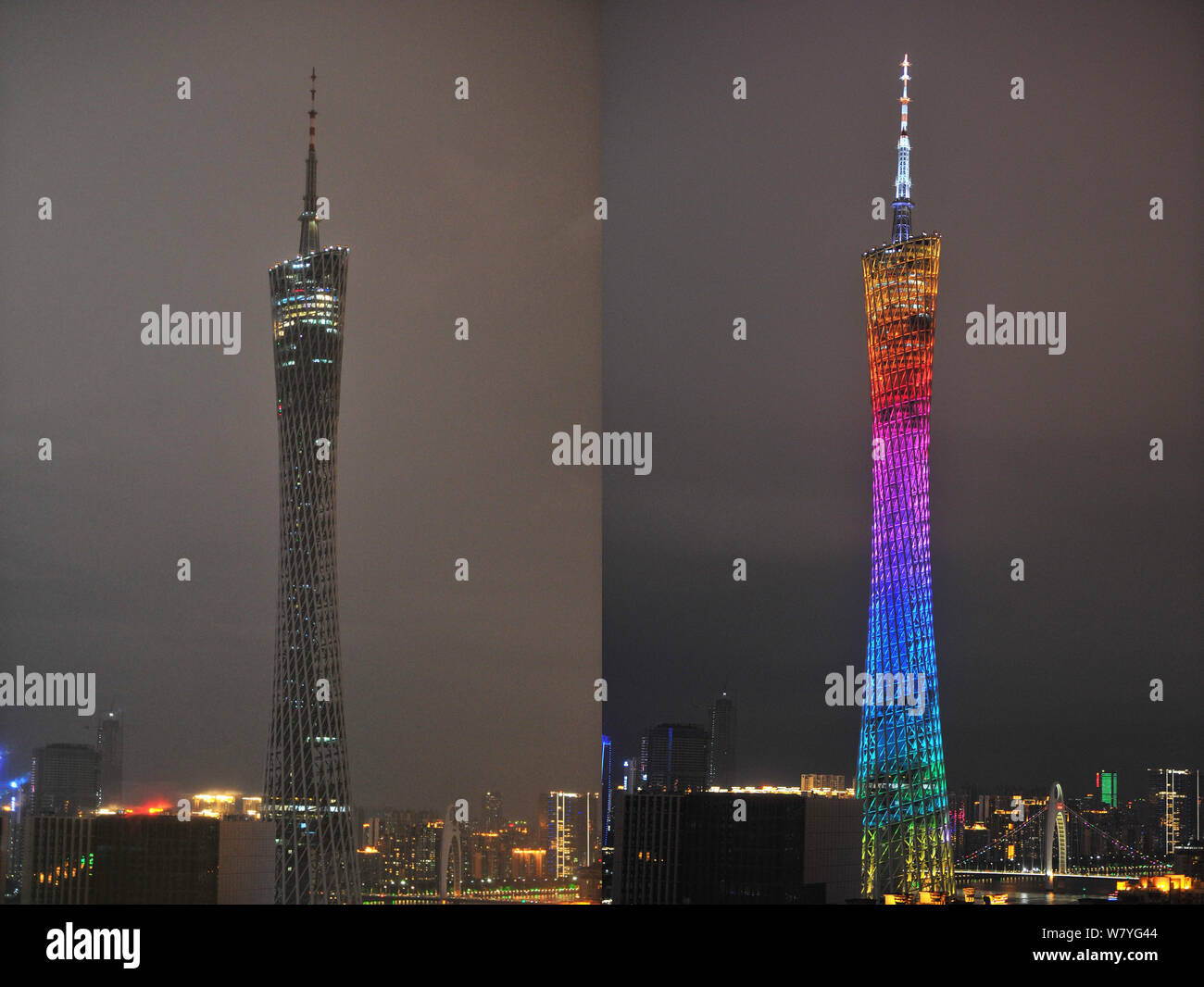 Dieser zusammengesetzte Foto zeigt den Kanton Tower vor (rechts) und während der Earth Hour Kampagne in Guangzhou City, die südchinesische Provinz Guangdong, 25. Stockfoto