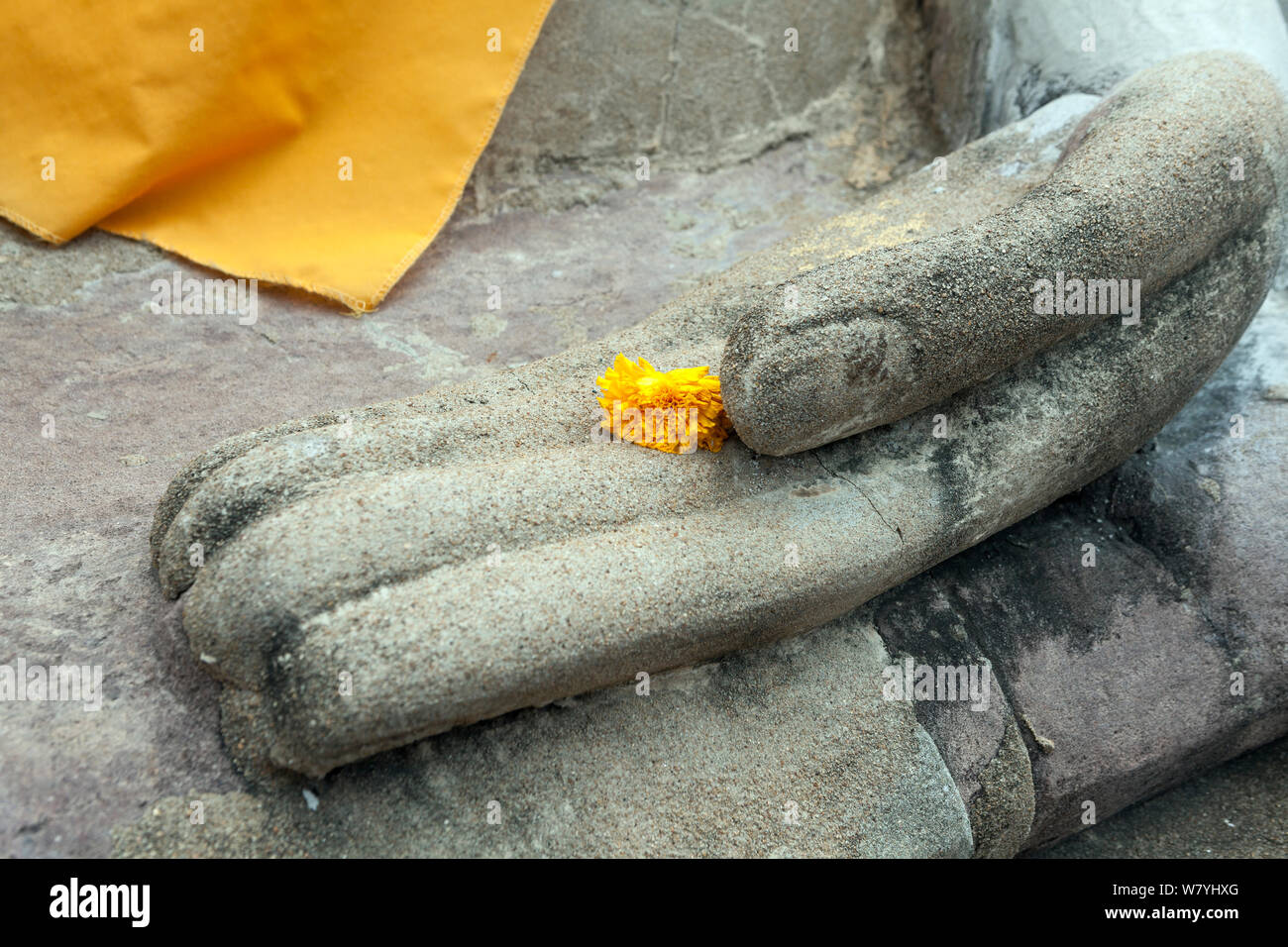 Mit einer Blume, Hand einer Statue des Buddha im Wat Yai Chaya Mongkol, Ayutthaya, Thailand, September 2014. Stockfoto