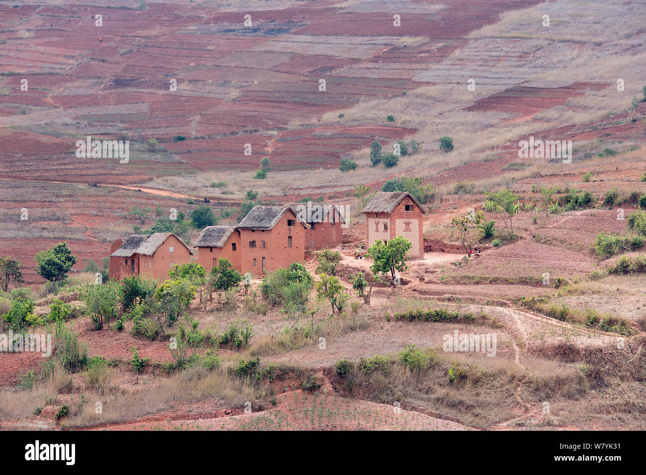 Häuser in der Erodierten Landschaft entlang der RN7 zwischen Antsirabe, Fianarantsoa, Madagaskar. Stockfoto