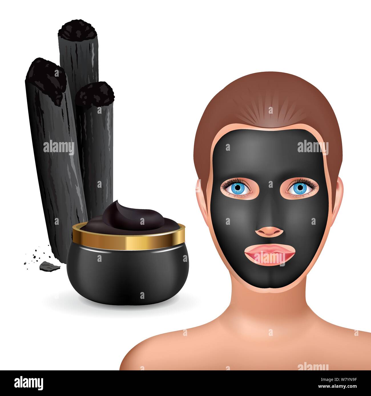Beauty Fashion girl Gesichts Holzkohle schwarze Maske anwenden. Gesichtsmaske Kosmetik Verpackung. Package Design für Gesichtsmaske. Ralistic Kosmetik jar und Stock Vektor