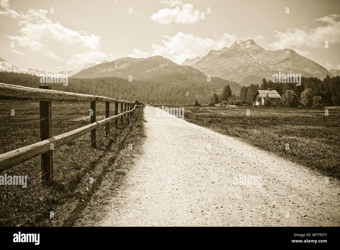 Wandern rund um den See Sils im Oberengadin (Schweiz - Europa) - sepia Getont Stockfoto