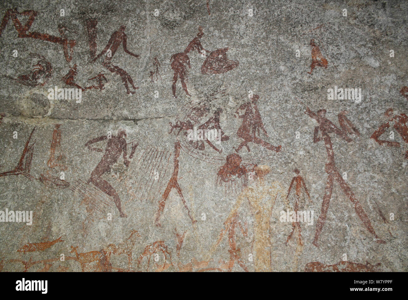 San Felsmalereien menschlicher Figuren, Matobo Hills, Simbabwe. Januar 2011. Stockfoto