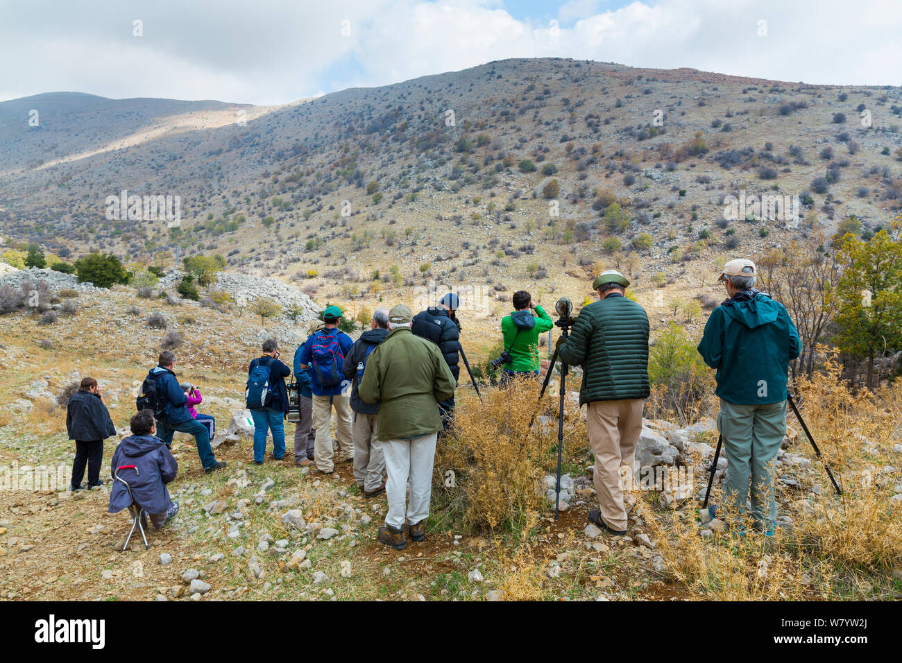 Vogelbeobachtung Gruppe, bis an den Berg Hermon, Israel, November, 2014. Stockfoto