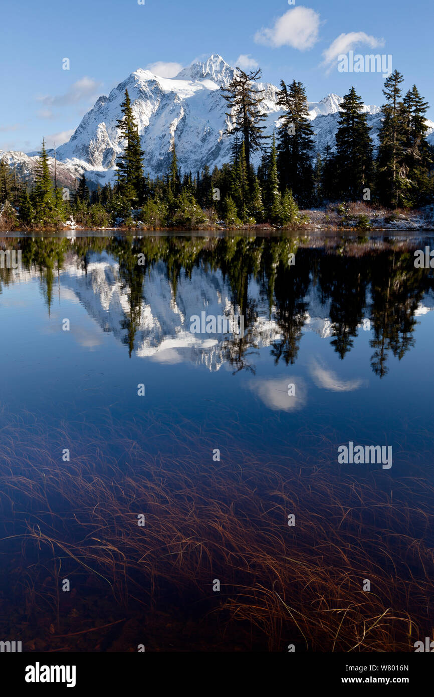 Mount Shuksan reflektiert in Bild See, Heather Lake National Recreation Area, Washington, USA, November 2014. Stockfoto