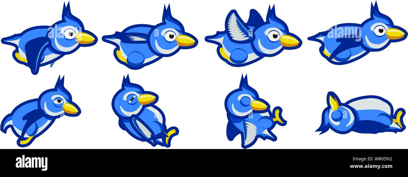 Blue Jay fliegen und Blue Jay absturz Animationen. Stock Vektor
