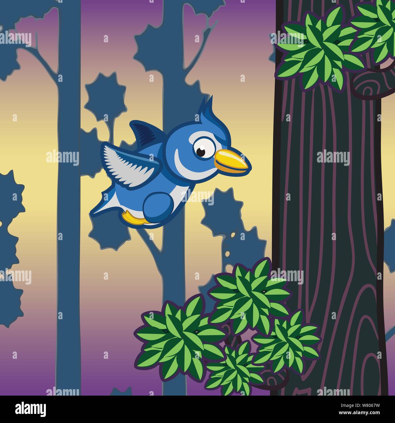 Blue Jay Vogel fliegt durch den Wald von Bäumen und Zweigen Stock Vektor