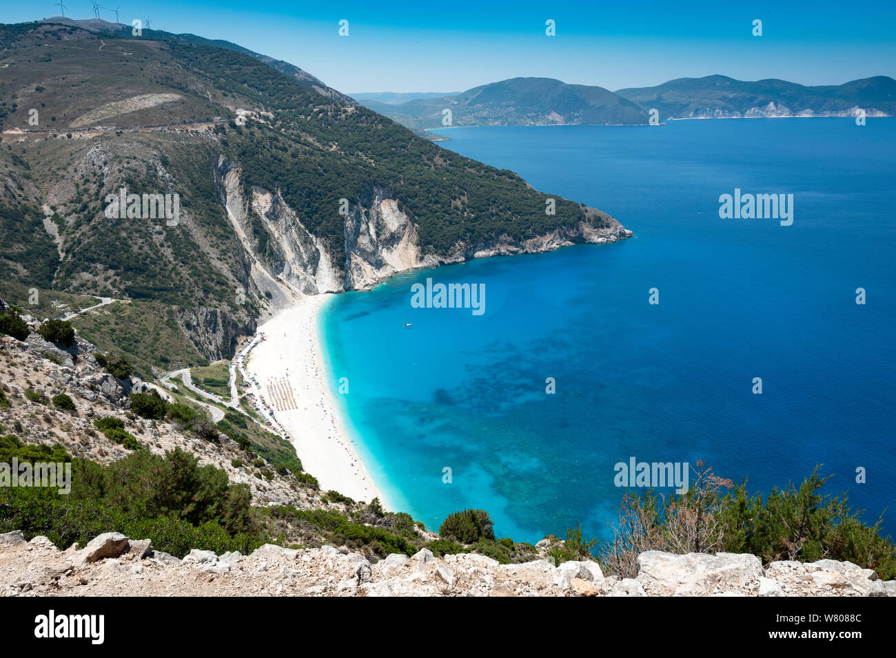 Myrtos Strand Kefalonia Griechenland Stockfoto