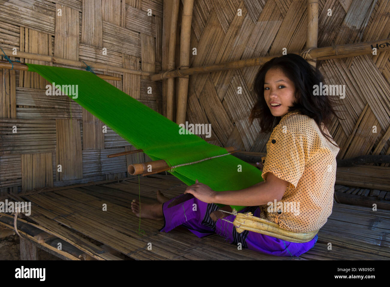 Hill Miri Frau Weberei, Himalayan Foothills, Arunachal Pradesh, North East India, November 2014. Stockfoto