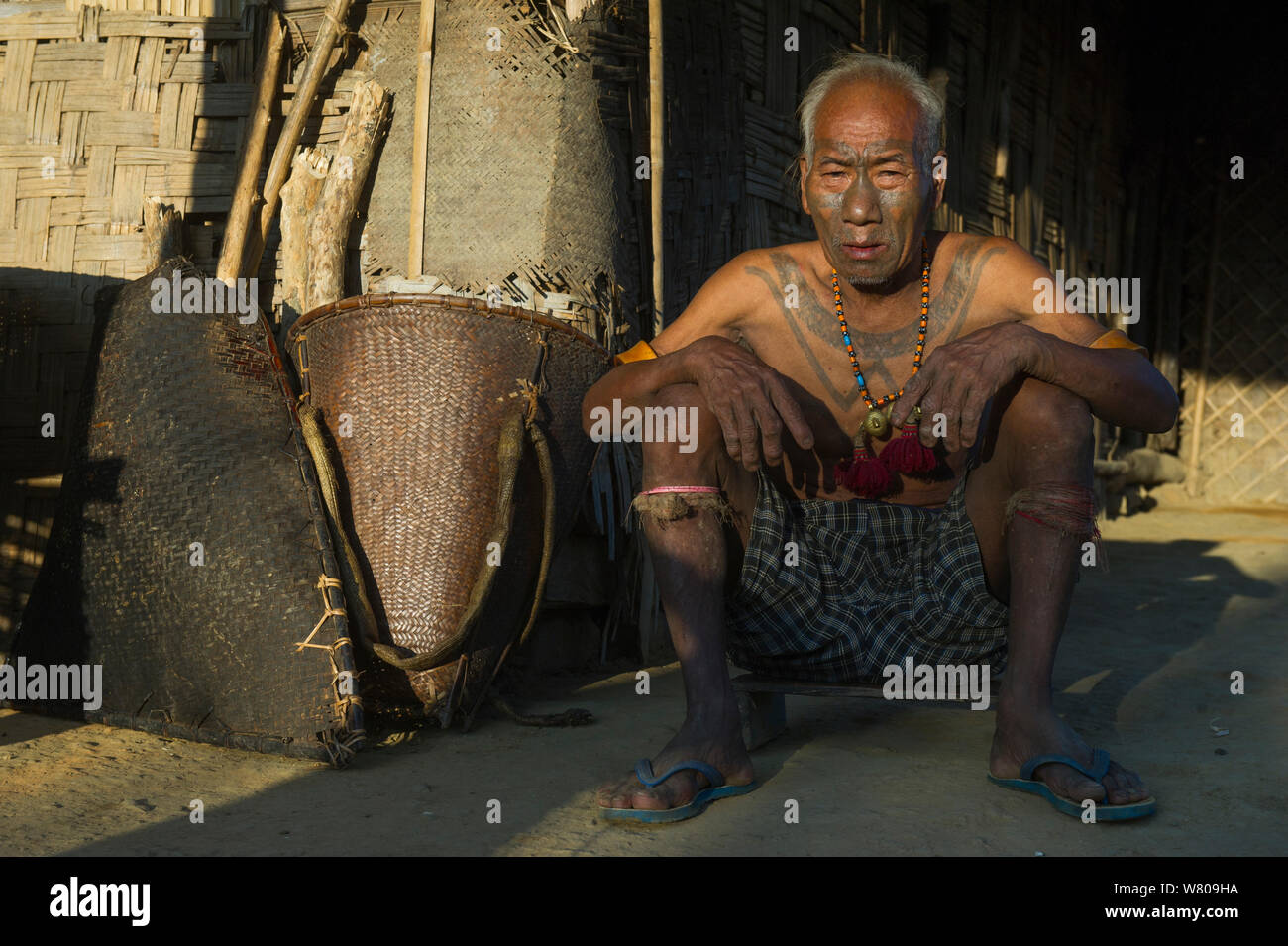 Konyak Nagas tätowiert Head Hunter. Nur jemand, der getötet hat und zu einem menschlichen Kopf auf diese Weise tätowiert werden kann. Mon Bezirk. Nagaland, North East India, Oktober 2014. Stockfoto