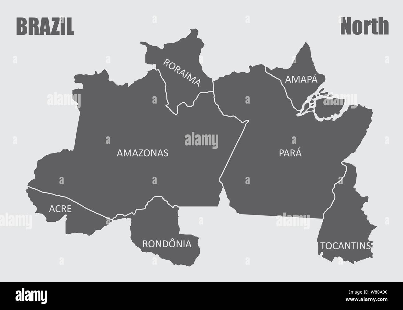 Karte von Brasilien Region Nord auf weißem Hintergrund Stock Vektor