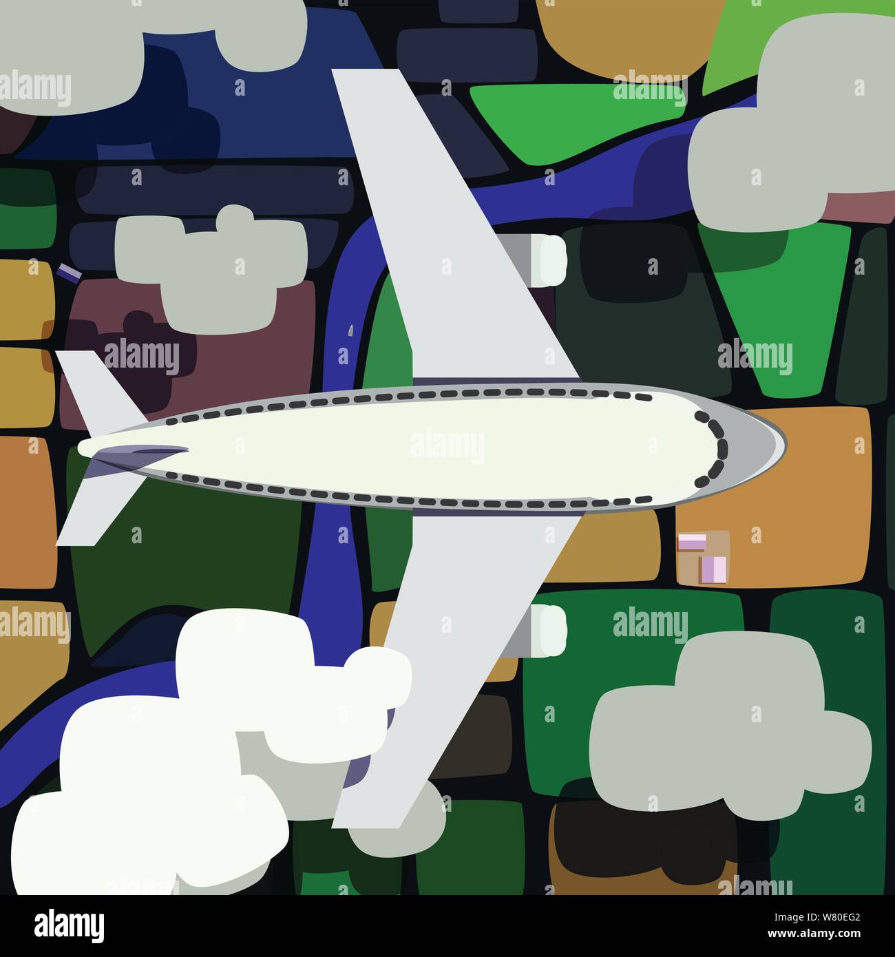Airliner. Ein Passagier Flugzeuge fliegen über Feldern und einem Fluß, von Wolken umgeben, oberhalb und unterhalb von oben gesehen Stock Vektor