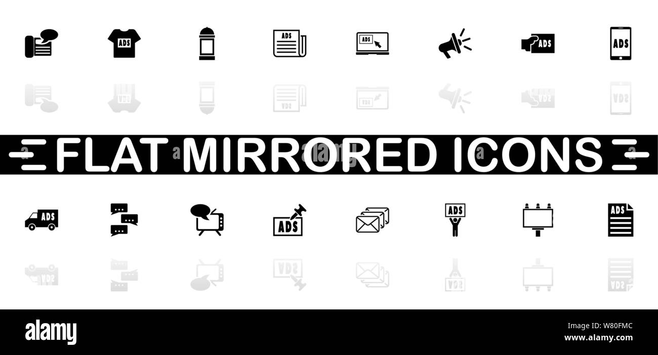 Werbung Symbole - schwarzes Symbol auf weißem Hintergrund. Einfache Abbildung. Flache Vektor Icon. Spiegelbild Schatten. In logo, Web genutzt werden, mob Stock Vektor
