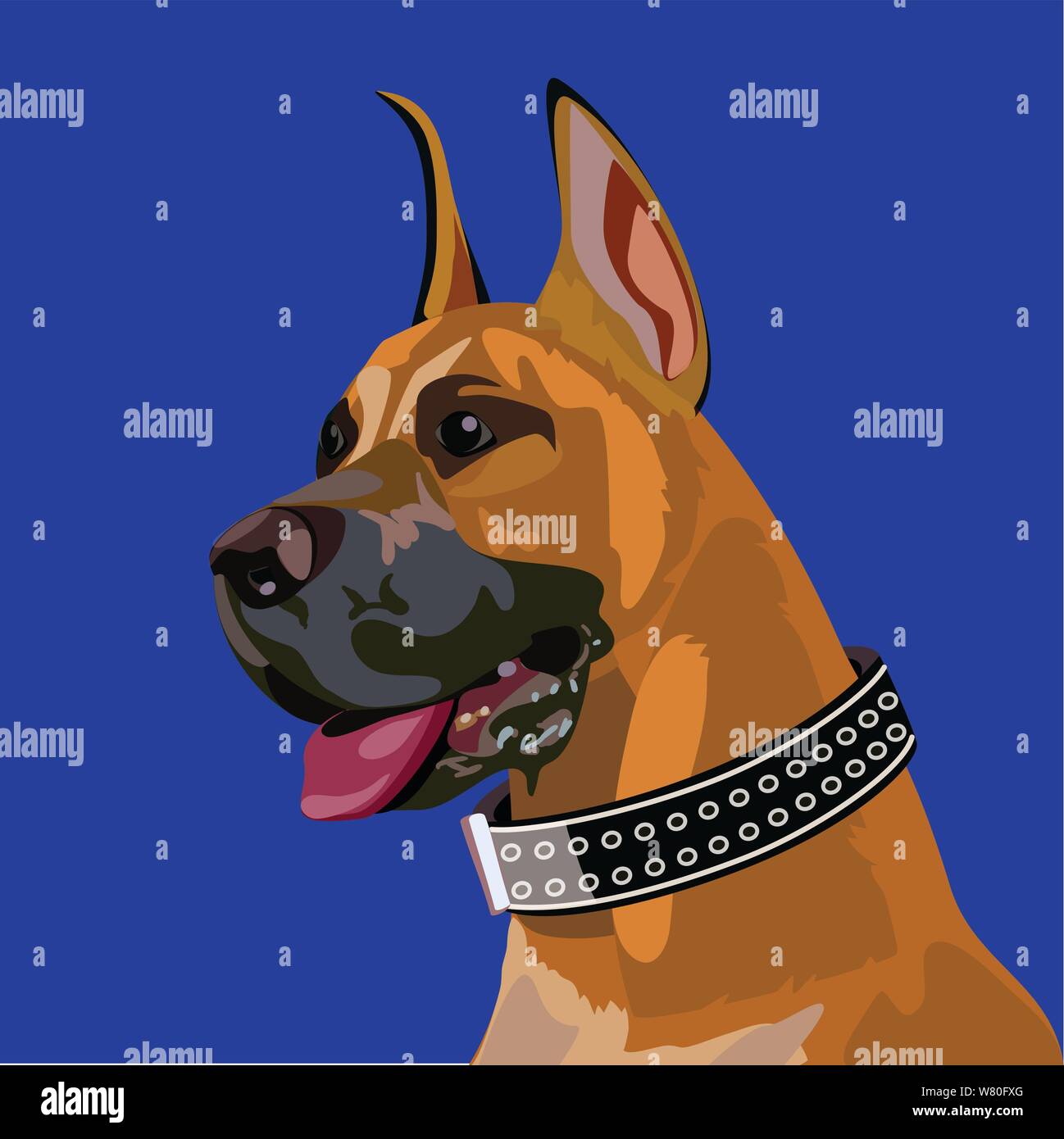 Boxer Rasse Hund sitzen und keuchend tragen eine große verzierte Leder Halsband Stock Vektor