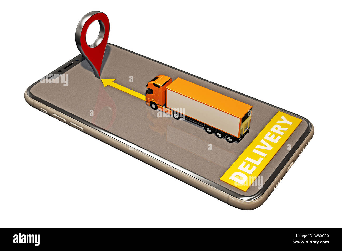 Lkw-Konzept bis zum Ziel auf dem Smartphone. 3D-Rendering Stockfoto