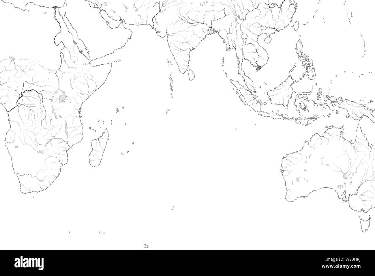Weltkarte der INDISCHEN OZEAN: Arabisches Meer, die Bucht von Bengalen, Sri Lanka, auf den Malediven, den Seychellen, Ceylon, Indien, Afrika, Australien, Indonesien, Madagaskar. Stockfoto