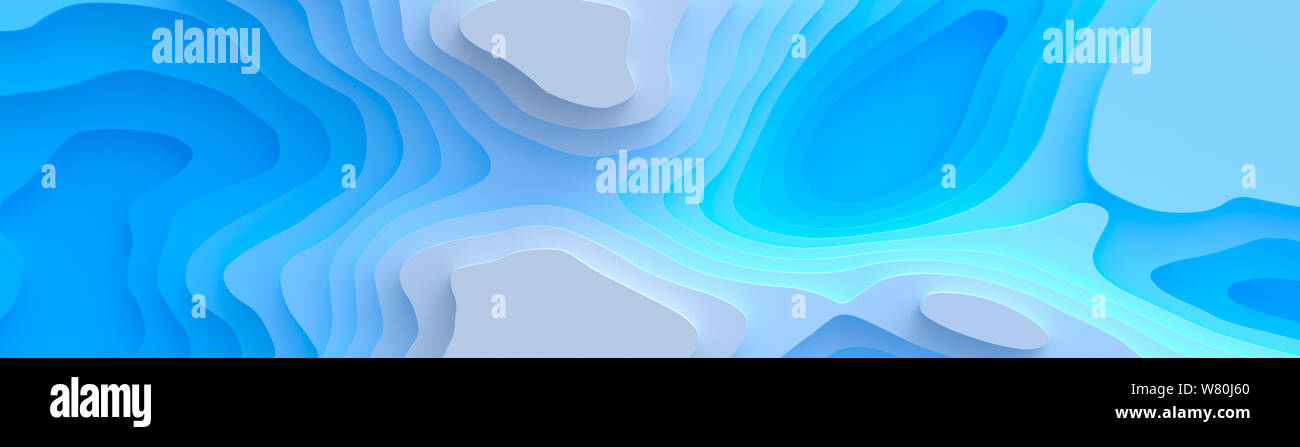 Breites Panorama 3D-Landschaft Papier schneiden Stil, geschwungenen Formen mit blauen Gradienten, abstrakten geometrischen Linien Muster Hintergrund Kunst Illustration für Abdeckung Stockfoto