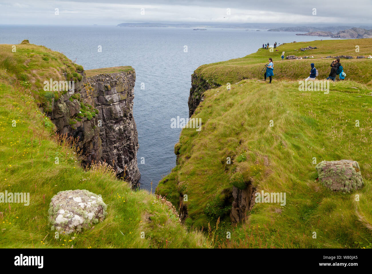 Menschen beobachten Vögel auf dem großen Meer Stapel auf Handa Island Sutherland, Schottland, Großbritannien Stockfoto