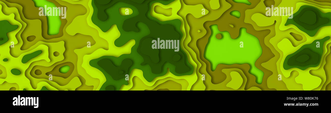 Breites Panorama 3D-Landschaft Papier schneiden Stil. Geschwungenen Formen mit grünen Gradienten. Abstrakte geometrische Linien Muster Hintergrund Kunst Illustration für Abdeckung Stockfoto