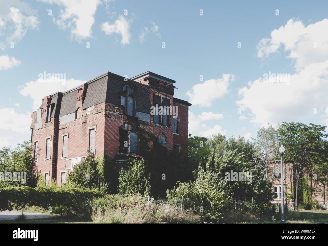 Ein verlassenes Haus in der Stadt Detroit ist von Pflanzen und Bäumen genommen Stockfoto