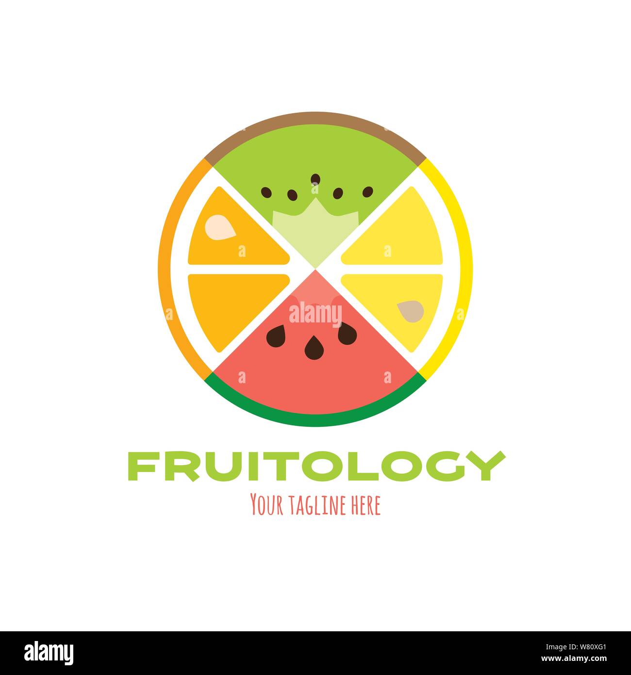 Logo Template mit frischem Obst scheiben Kiwi, Orange, Zitrone und Wassermelone. Gesundes Essen Vector Illustration. Stock Vektor