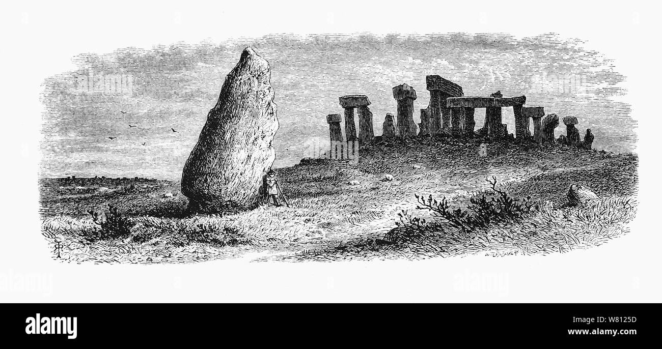 Stonehenge Wiltshire, England, besteht aus einem Ring der stehenden Steine, jeder um 13 Fuß (4,0 m) hoch, sieben Fuß (2,1 m) breit und wiegt rund 25 Tonnen. Die Steine sind innerhalb von erdarbeiten in der Mitte der dichtesten Komplex aus der Jungsteinzeit und der Bronzezeit Denkmäler in England. Archäologen glauben, dass es von 3000 v. Chr. bis 2000 v. Chr. errichtet wurde. Die umliegenden kreisförmigen Erde Bank und graben, die die frühesten Phase des Denkmals dar, haben mit etwa 3100 v. Chr. datiert wurde. Eine Theorie ist, dass Römische Ingenieure brach die Stelle nach oben, vielleicht als Herausforderung für die Religionen. Stockfoto