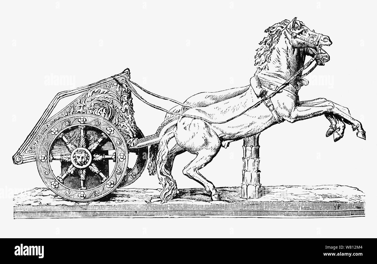 Eine römische racing wagen, gebaut für Geschwindigkeit und Spektakel, nicht Kampf, in einem der beliebtesten Persischen, Griechischen und Römischen Sport verwendet. Chariot Rennen war gefährlich für Fahrer und Pferde mit einem Risiko für schwere oder tödliche Verletzungen, aber diese Gefahren für die Spannung und Interesse für die Zuschauer. Ein typisches Rennen empfohlene 12 Wagen aufgereiht nebeneinander und wenn das Rennen begann, würde es einen Ansturm geähnelt haben. Aufgrund dieser gedrängtes Feld, eine der häufigsten Risiken auf der Rennstrecke war die hipwrecks', wie die Römer nannten Sie - wenn wagen würde im Wäschetrockner auf dem Titel Crash und. Stockfoto