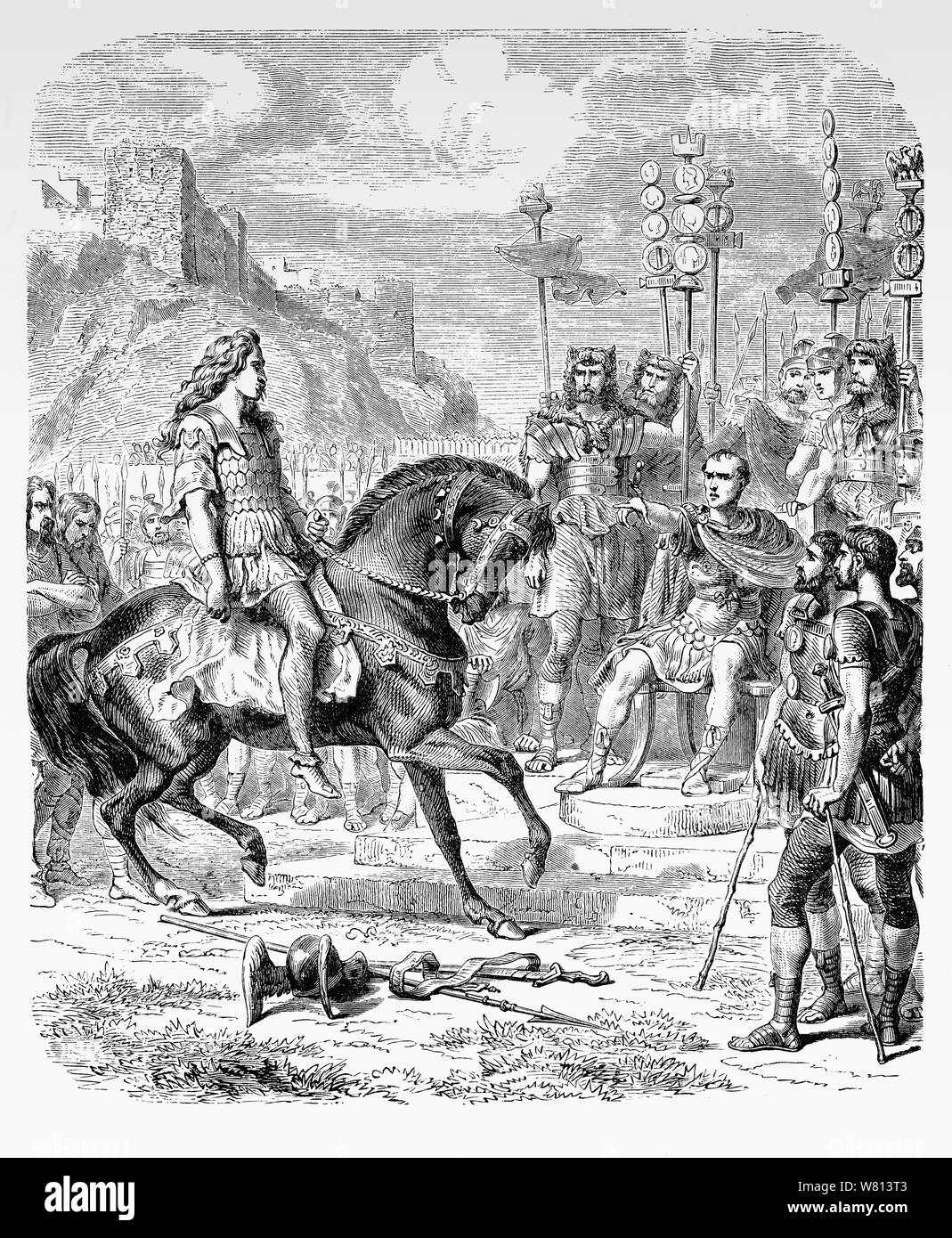 Vercingetorix (82 v. Chr. - 46 v. Chr.) war ein König und Häuptling der Arverni Stamm; Er vereinigte die Gallier in einem Aufstand gegen die römischen Streitkräfte während der letzten Phase der Julius Cäsars gallischen Kriege. In der Schlacht oder Belagerung von Alesia, aka Alise-Sainte-Reine, jetzt im Département Côte-d'Or in der Bourgogne-Franche-Comté Region Ost Frankreich, die Römer seine Truppen besiegt, und in der Reihenfolge zu speichern, so viele seiner Männer wie möglich, gab er sich an die Römer. Er war Gefangener für fünf Jahre statt. In 46 BC, als Teil von Cäsars Triumph, Vercingetorix wurde durch die Straßen von Rom vorgeführt und dann mit s Stockfoto