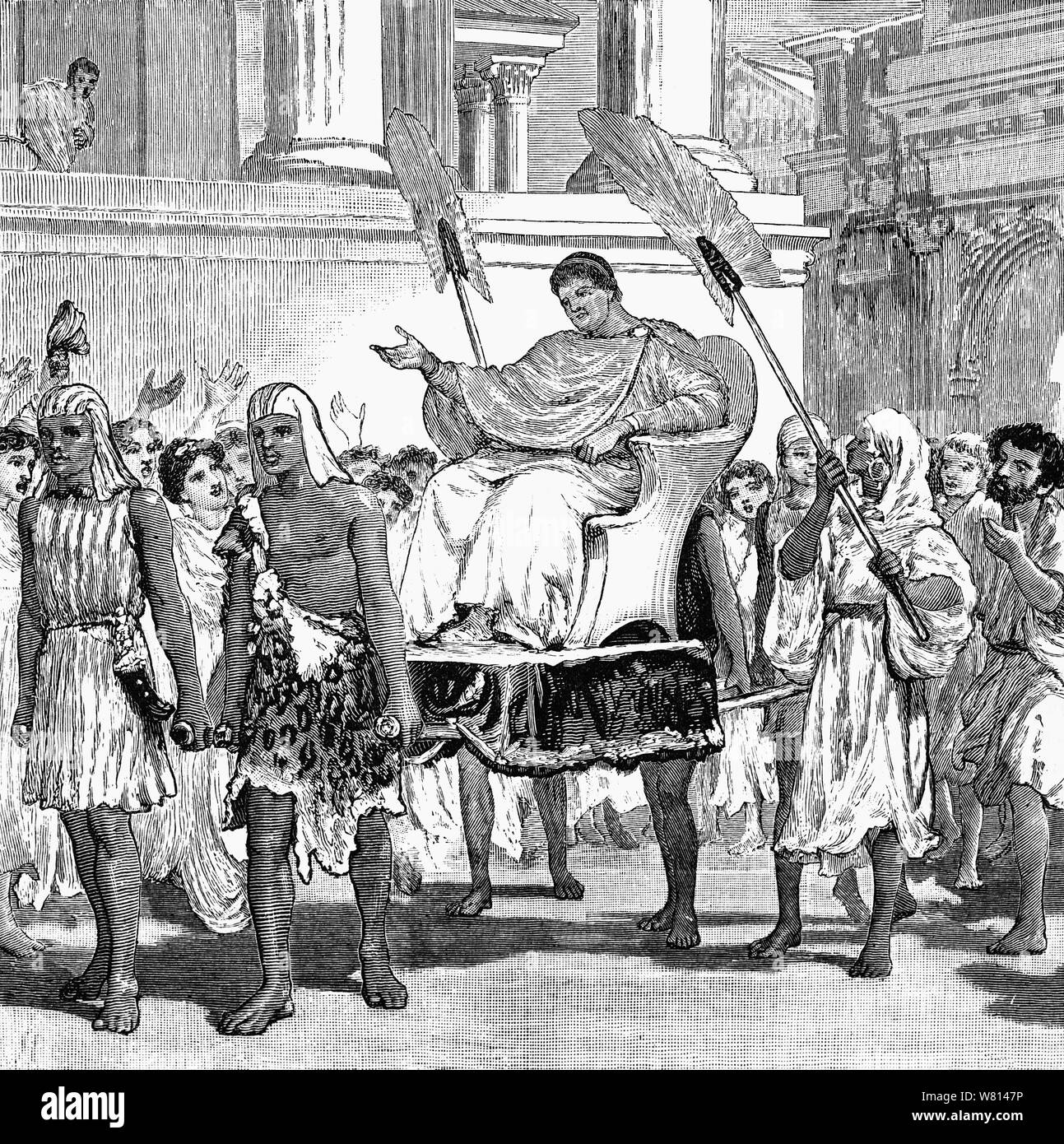 Gnaeus Pompeius Magnus (106 v. Chr. - 48 v. Chr.), aka Pompeius der Große, war eine militärische und politische Führer der späten Römischen Republik. 51 v. Chr. war er in einen Machtkampf mit Marcus Porcius Cato Uticensis (95 v. Chr. - 46 v. Chr.), aka Cato der Jüngere, bekannt für seinen Konflikt mit Julius Cäsar, die Kluft zwischen Pompeius und Cato noch verschärft wurde, als Pompeius schwer krank in Neapel im Jahr 50 v. Chr. fiel. Nach seiner Genesung, (hier im Bild) die Menschen in Neapel angeboten Thanksgiving Opfer, und er war in den Städten gefeiert, als er zurück nach Rom gereist. Stockfoto