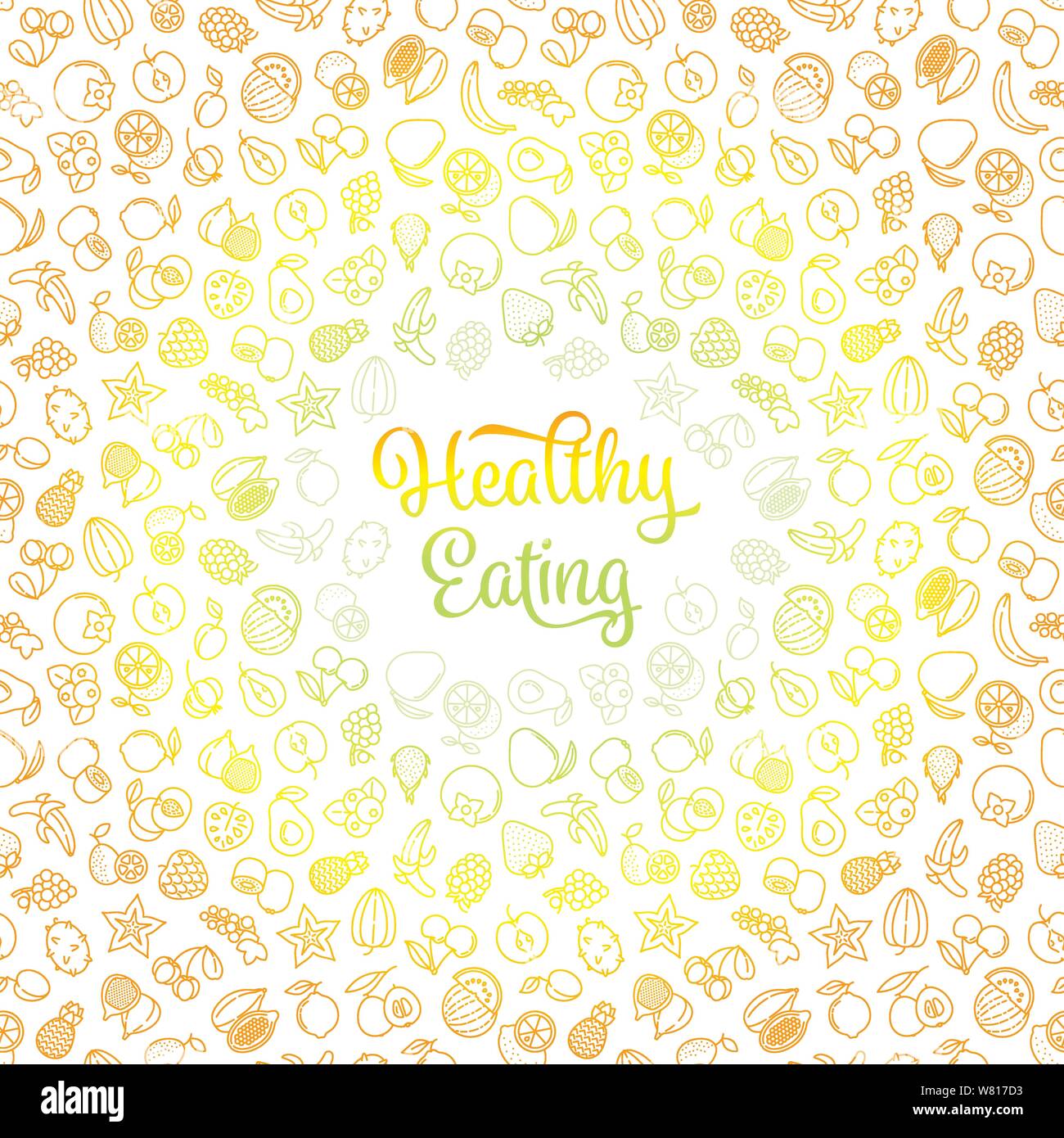 Nahtlose gesunde Ernährung vektor Tapete mit verschiedenen Früchten Symbole. Weiß skizzierte Symbole auf tangerine Hintergrund. Essen Abbildung. Stock Vektor