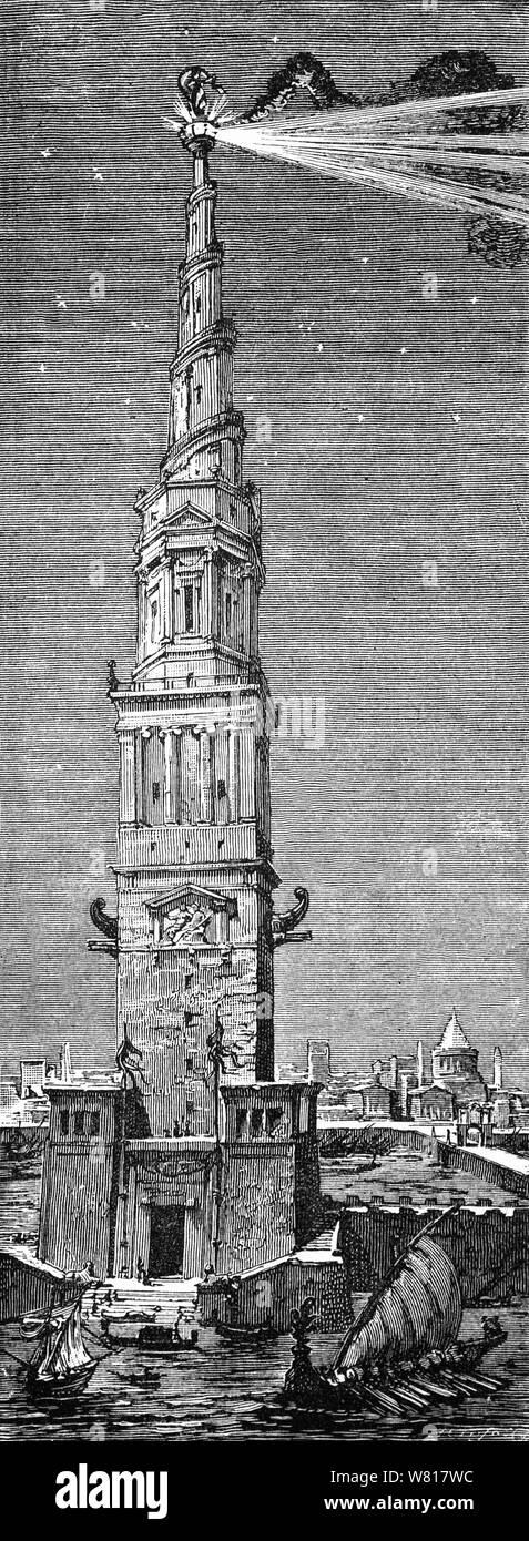Der pharos von Alexandria, eines der sieben Wunder der Welt und die berühmtesten Leuchtturm in der Antike. Durch Sostratus von Knidos gebaut, vielleicht für ptolemäus ich Soter, es wurde während der Regierungszeit von soter, der Sohn von Ptolemäus II. von Ägypten in ca. 280 v. Chr. beendet. Der Leuchtturm auf der Insel Pharos im Hafen von Alexandria und mehr als 350 Fuß (110 Meter) sind hoch, aber leider wurde der Leuchtturm stark durch drei Erdbeben zwischen AD 956 und 1323 beschädigt und wurde zu einer Ruine aufgegeben. Stockfoto