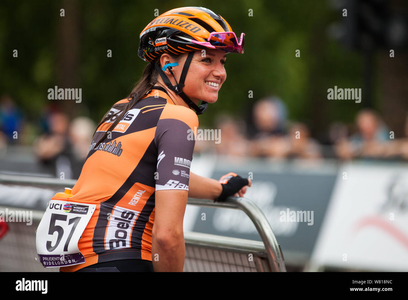 London, Großbritannien. 3. August 2019. Chantal Blaak von Boels-Dolmans Cycling Team bereitet für die aufsichtsrechtliche RideLondon Classique. Die Classique, die die Stockfoto