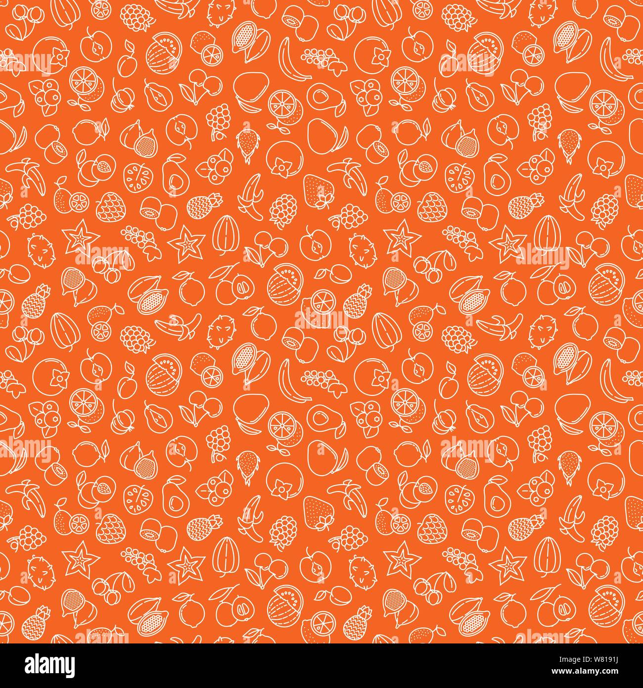 Die nahtlose Vektor Tapete mit verschiedenen Früchten Symbole. Weiß skizzierte Symbole auf tangerine Hintergrund. Essen Abbildung. Stock Vektor