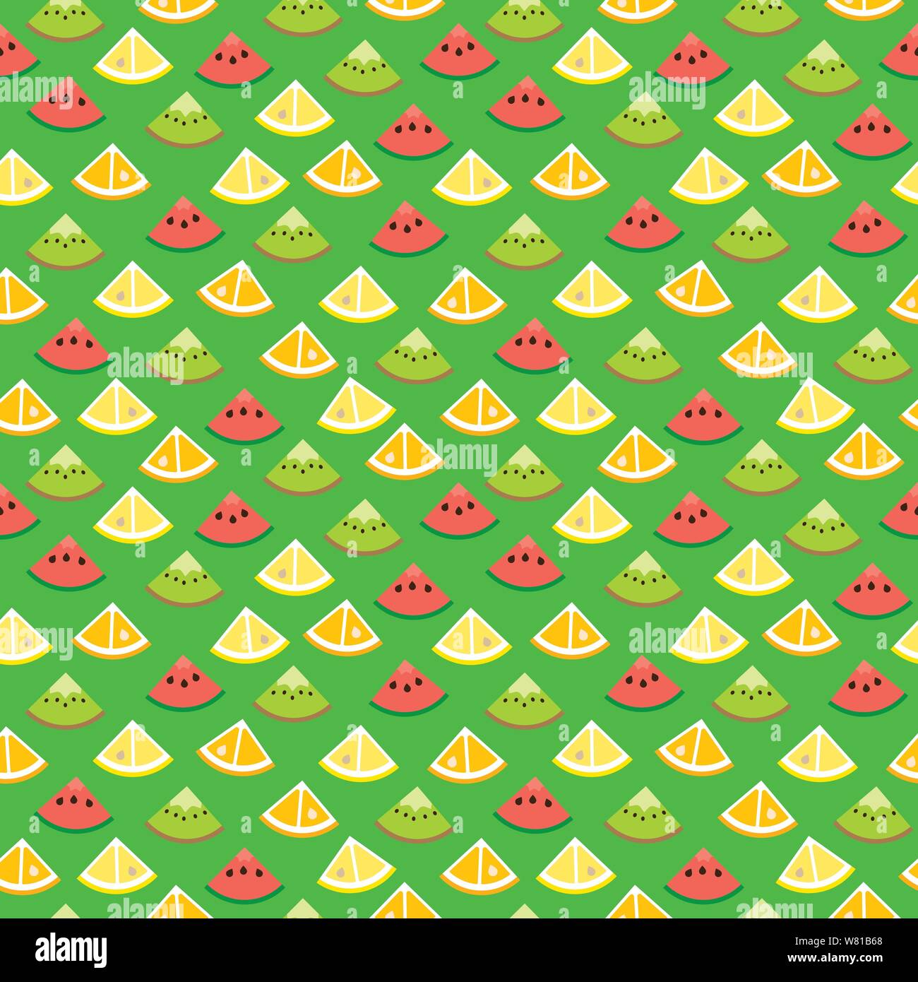 Nahtlose Hintergrundbilder Muster mit fruchtschnitten von Kiwi, Wassermelone, Orange und Zitrone auf grünem Hintergrund. Gesundes Essen Vector Illustration. Stock Vektor