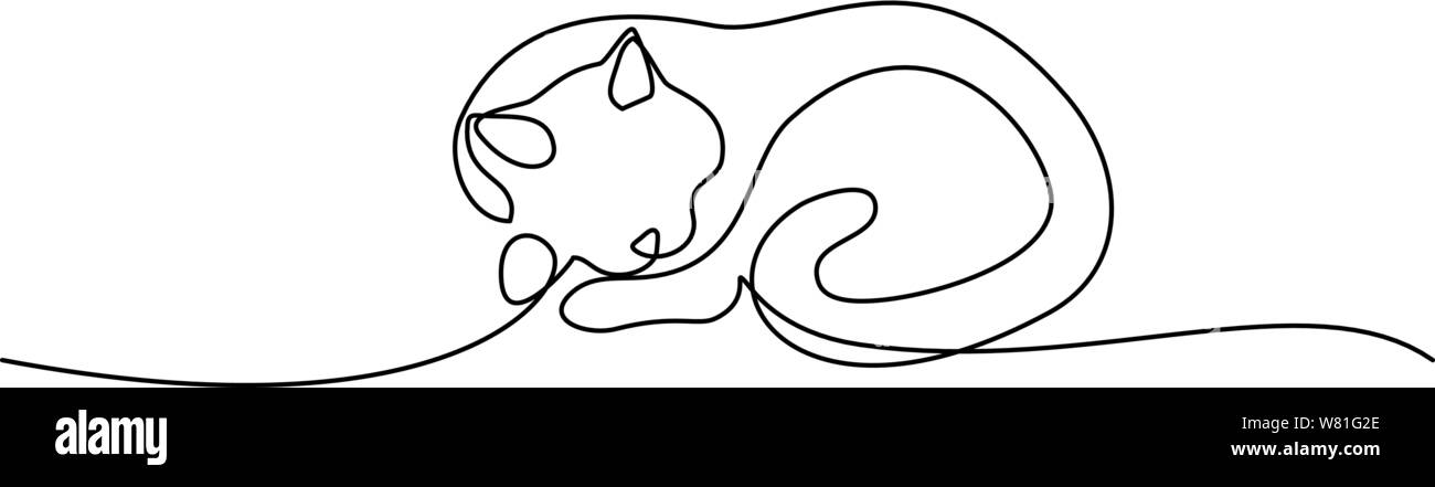Kontinuierliche eine Linie zeichnen. Schlafende Katze mit Schwanz