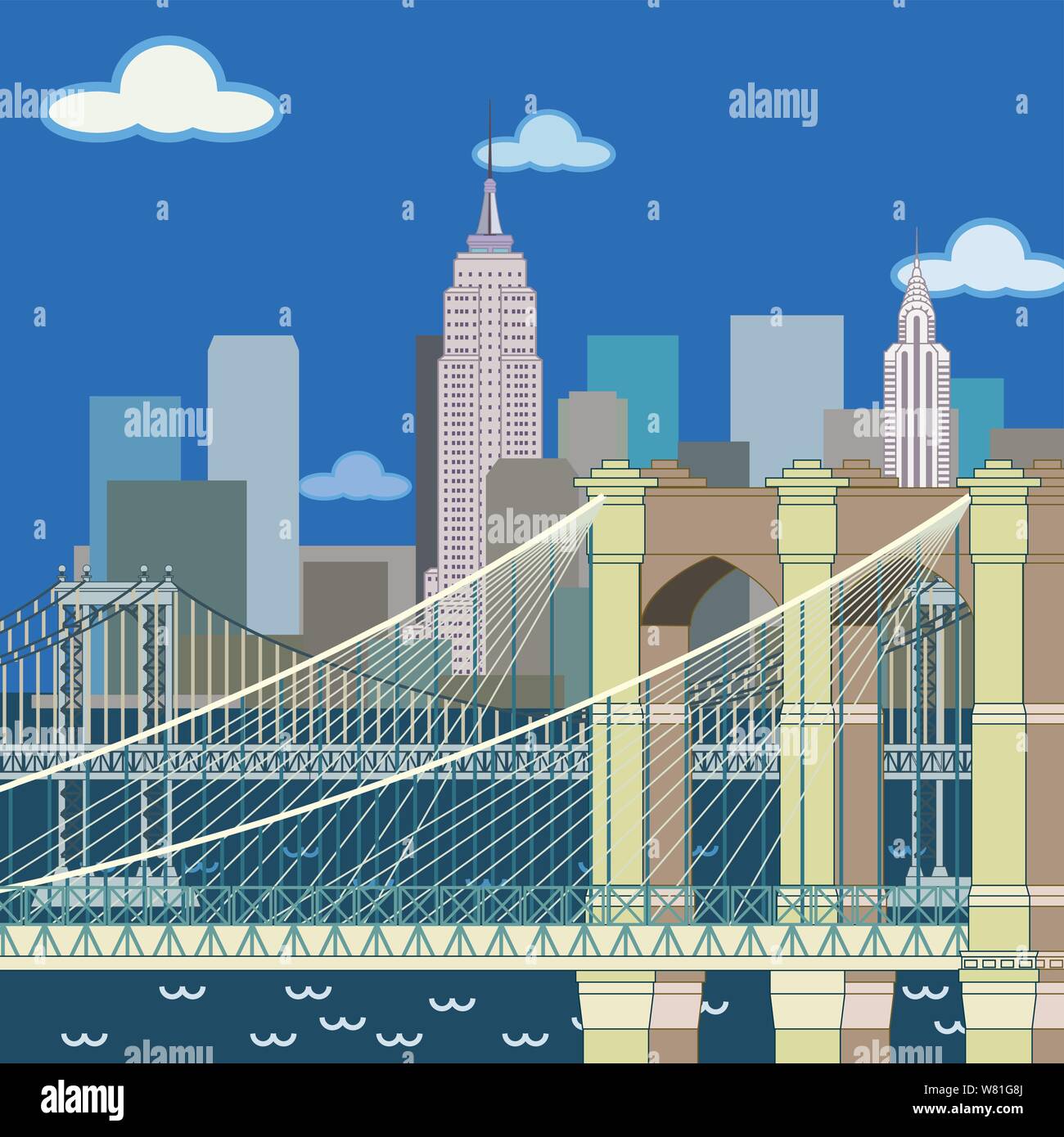 Blick auf New York aus dem East River. Zwei Brücken stehen im Vordergrund. Hohe Gebäude erheben sich aus der Stadt Stock Vektor