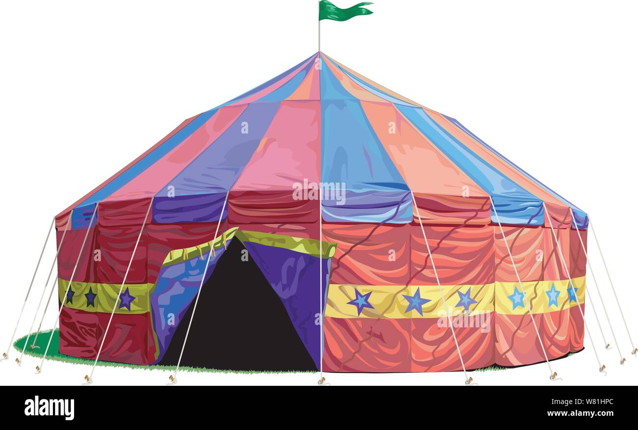 Eine alte Zeit Zirkuszelt, Big Top mit offenen Klappen und eine Fahne winken auf der Oberseite Stock Vektor