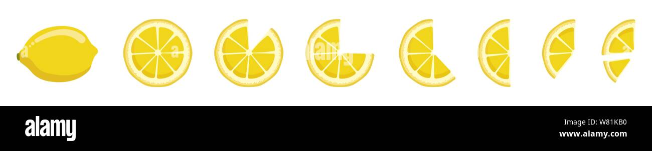 Vitamin C Eingestellt von Vektor isolierte Elemente. Helle frische reife saftig und geschnitten Zitrone und Scheiben auf weißem Hintergrund. Clip Art für Ihre Stock Vektor