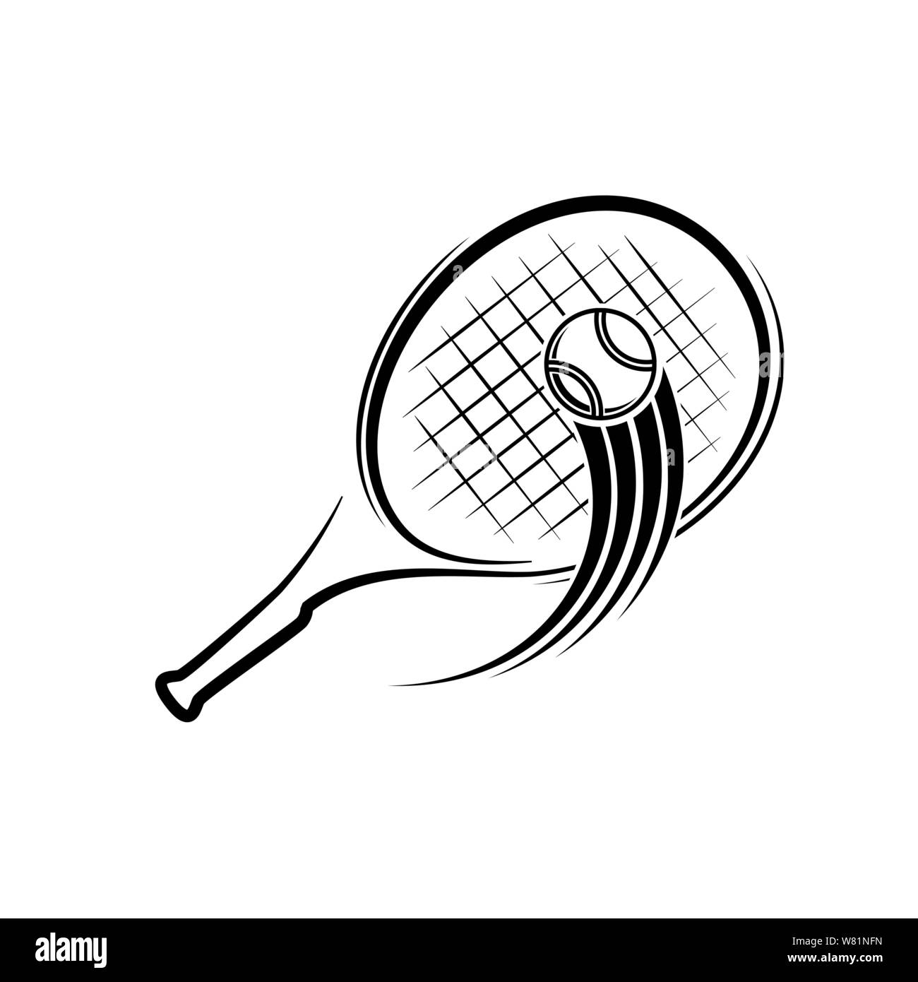 Übersicht Tennis Schläger und Ball Symbol mit Text auf weißem Hintergrund Stock Vektor