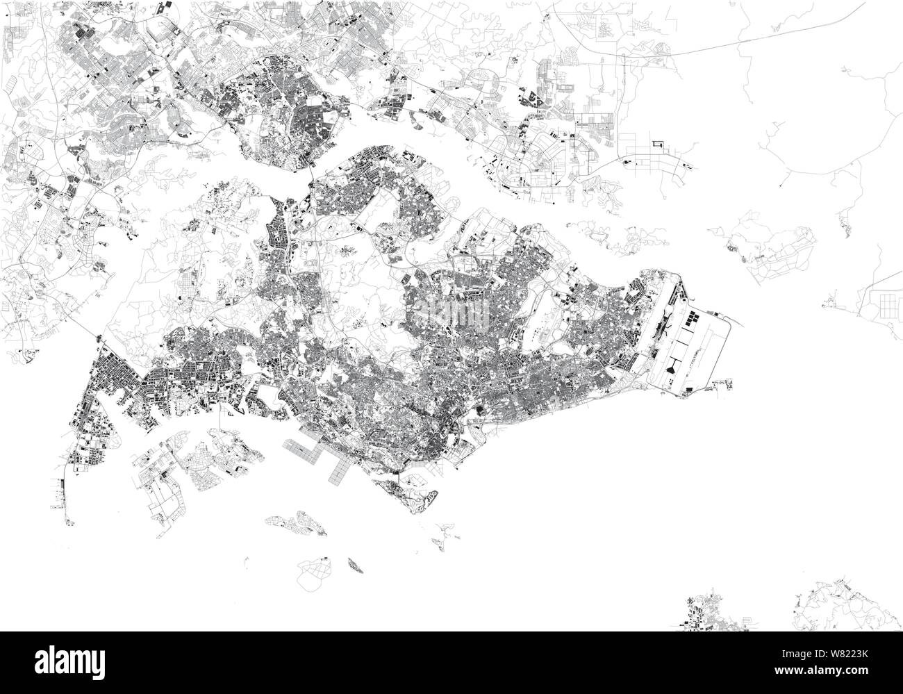 Sat-Karte der Stadt Singapur. Republik Singapur. Es ist eine Insel Stadtstaat in Südostasien. Karte von Straßen und Gebäuden der Stadt Stock Vektor